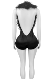 Black Sexy Solid Color Feathers Deep V Neck Skinny Rompers