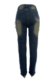 Deep Blue Casual Solid Color Ripped Mid Waist Skinny Denim Jeans