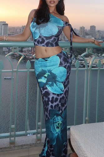 Blue Elegant Print Patchwork Oblique Collar Sleeveless Two Pieces
