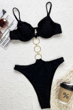 Black Sexy Solid Color Metal Accessories Trim Swimwears