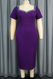 Purple Elegant Solid Color Slit Beading Asymmetrical Collar Long Dresses
