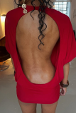 Red Sexy Solid Color Backless O Neck Straight Dresses