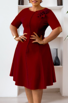 Burgundy Elegant Solid Color Flower Shape O Neck One Step Skirt Dresses