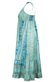 Blue Elegant Print Strap Design Spaghetti Strap Long Plus Size Dresses