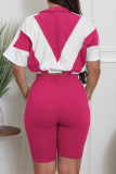 Black Casual Zipper Contrast Zipper Collar Short Sleeve Two Pieces