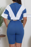 Black Casual Zipper Contrast Zipper Collar Short Sleeve Two Pieces