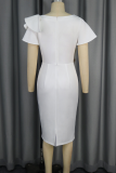 White Elegant Solid Color Flounce Asymmetrical Collar Wrapped Skirt Dresses