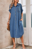 Blue Casual Solid Color Pocket Buckle Turndown Collar Short Sleeve Loose Denim Dresses