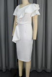 White Elegant Solid Color Flounce Asymmetrical Collar Wrapped Skirt Dresses