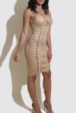 Black Sexy Solid Color Cross Straps Zipper Spaghetti Strap Wrapped Skirt Dresses
