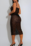Black Sexy Solid Color Sequins See-Through Spaghetti Strap Long Dresses