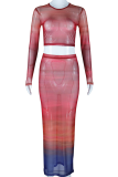Red Elegant Gradient Patchwork O Neck Long Sleeve Two Pieces