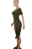 Army Green Sexy Solid Color Strap Design V Neck Wrapped Skirt Dresses