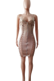 Black Sexy Solid Color Cross Straps Zipper Spaghetti Strap Wrapped Skirt Dresses