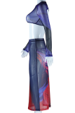 Blue Red Elegant Print O Neck Long Sleeve Two Pieces