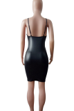 Black Sexy Solid Color Cross Straps Zipper Spaghetti Strap Wrapped Skirt Dresses