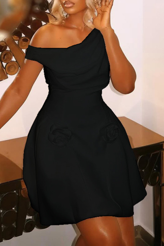 Black Sexy Solid Color Flower Shape Oblique Collar A Line Dresses