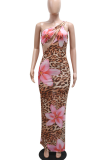 Pink Sexy Leopard Print Slit Oblique Collar Long Dresses