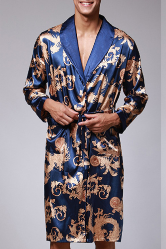 Royal Blue Daily Print Strap Design Turndown Collar Outerwear