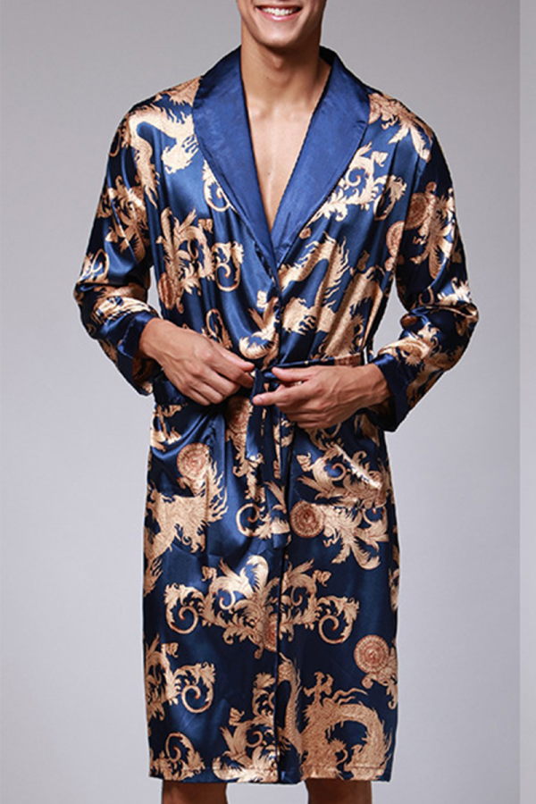 Royal Blue Daily Print Strap Design Turndown Collar Outerwear
