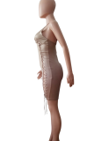 Black Sexy Solid Color Cross Straps Zipper Spaghetti Strap Wrapped Skirt Dresses