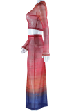 Red Elegant Gradient Patchwork O Neck Long Sleeve Two Pieces