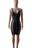 Black Sexy Solid Color Cross Straps Zipper Spaghetti Strap Wrapped Skirt Dresses
