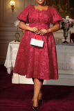 Red Elegant Jacquard Asymmetrical Collar Long Dresses