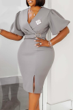 Grey Elegant Solid Color Slit V Neck Wrapped Skirt Dresses