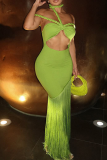 Green Sexy Solid Color Fringed Trim Hollow Out Halter Long Dresses