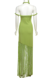 Green Sexy Solid Color Fringed Trim Hollow Out Halter Long Dresses
