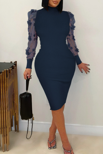 Deep Blue Elegant Flowers Embroidered O Neck Long Dresses