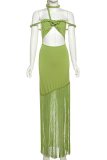 Green Sexy Solid Color Fringed Trim Hollow Out Halter Long Dresses