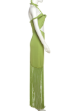 Green Sexy Solid Color Fringed Trim Hollow Out Halter Long Dresses