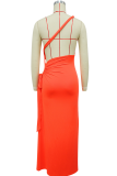 Tangerine Red Sexy Solid Color High Slit Ruched Asymmetrical Collar Long Dresses