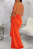 Tangerine Red Sexy Solid Color High Slit Ruched Asymmetrical Collar Long Dresses