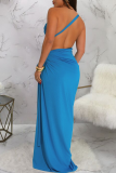 Tangerine Red Sexy Solid Color High Slit Ruched Asymmetrical Collar Long Dresses