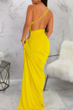 Tangerine Red Sexy Solid Color High Slit Ruched Asymmetrical Collar Long Dresses