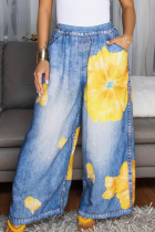 Blue Yellow Casual Print Pocket Loose Denim Jeans