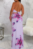 Light Blue Sexy Print Hollow Out Backless Halter Sleeveless Two Pieces
