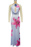 Light Blue Sexy Print Hollow Out Backless Halter Sleeveless Two Pieces