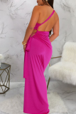 Tangerine Red Sexy Solid Color High Slit Ruched Asymmetrical Collar Long Dresses