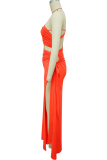 Tangerine Red Sexy Solid Color High Slit Ruched Asymmetrical Collar Long Dresses
