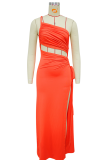 Tangerine Red Sexy Solid Color High Slit Ruched Asymmetrical Collar Long Dresses