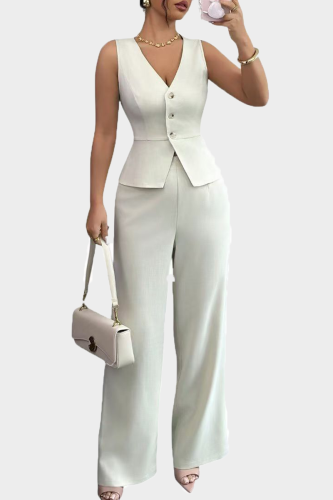 White Casual Solid Color Buckle V Neck Sleeveless Two Pieces
