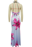 Light Blue Sexy Print Hollow Out Backless Halter Sleeveless Two Pieces