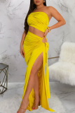Tangerine Red Sexy Solid Color High Slit Ruched Asymmetrical Collar Long Dresses