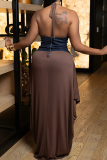 Coffee Sexy Backless Slit Halter Long Dresses
