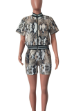 Snake Print Sexy Snakeskin Print Zipper Zipper Collar Short Sleeve Two Pieces