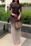 Coffee Casual Gradient Color Off Shoulder Long Dresses